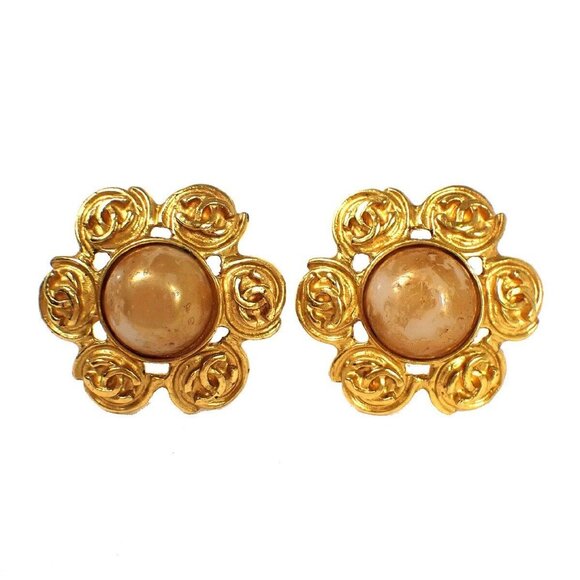 CHANEL CC Logo Round Button Earrings 94P Clip-On Imitation Pearl Gold - Picture 1 of 8